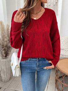 SHEIN LUNE Áo len nữ dáng rộng Áo len dệt kim màu trơn Áo len dài tay - Đỏ - Xem 4