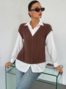 SHEIN Essnce 女士棕白色休闲落肩灯笼袖二合一衬衫长袖衬衫感恩节衬衫圣诞衬衫 - 彩色 - 查看 3
