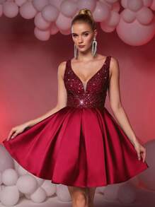 Lovelzi 优雅奢华的蓝宝石酒红色 V 领亮片拼接缎面 A 字裙，适合婚礼、派对、毕业典礼、舞会、半正式礼服、婚礼宾客返校节、派对礼服 - 酒紅色 - 查看 3