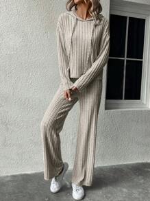 SHEIN Essnce 2pcs Women Casual Drop Shoulder Solid Ribbed Hoodie Sweatshirt & Pants Set, Spring & Autumn - Camel - View 3