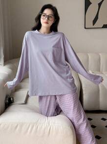 DAZY 纯色落肩T恤和格子印花长裤家居服套装，秋冬装，舒适休闲装 - 紫色 - 查看 3
