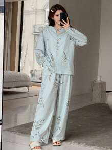 DAZY Chinese Style Plant Graphic Print Hollow Neck Design Loose Pajamas Set - Green - View 6