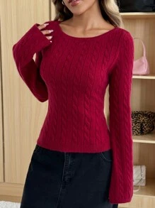 SHEIN EZwear 女士 Ancora 红色圆领长袖简约针织毛衣，秋冬季休闲日常穿着 - 酒紅色 - 查看 1