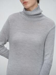SHEIN LUNE 女士休闲简约纯色高领开衩下摆毛衣裙，秋冬 - 淺灰色 - 查看 7