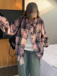 DAZY Women Plaid Splash-Ink Design Loose Fit Blouse,Flannels Women - Multicolor - View 3