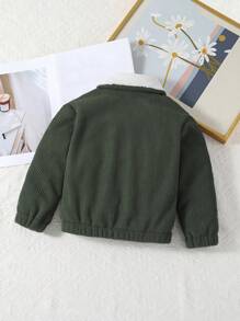 SHEIN Young Girls Fluffy Panel Front Button Casual Jacket With Pockets, Long Sleeve - Army Green - View 2