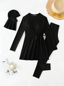 Swim Mulvari 2pcs/Set Modest Cami Bikini With Long Skirt And Drawstring, Black Long Pants Summer Arabic Clothing - Black - View 7