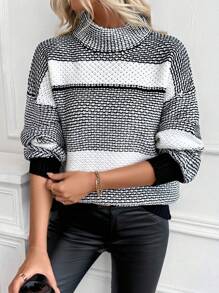 SHEIN LUNE Women's Commuter Contrast Stripe Turtleneck Chunky Knit Sweater