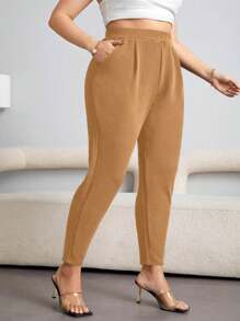 SHEIN PETITE CURVE 大码女式纯色高腰褶皱锥形休闲裤 - 棕色 - 查看 1