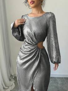 Elenzga 女士圆领金属色侧镂空开摆灯笼袖优雅长裙超长款女装