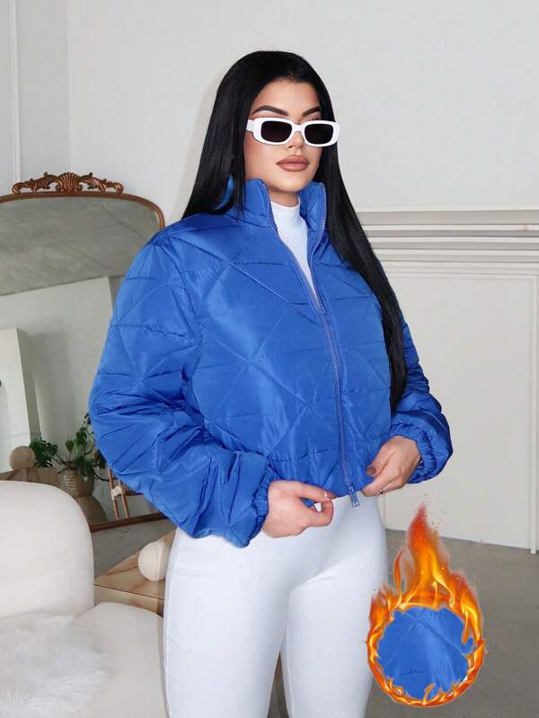 SHEIN SXY Îmbrăcăminte Toamnă Și Iarnă Geometrică Albastru Top Cu Fermoar Gâtul Înțeles Jachetă Călduță Damă