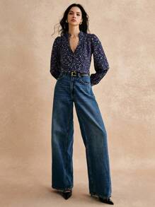 Poéselle 女士前扣开合长袖全印花简约衬衫，适合日常休闲穿着