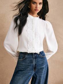 Poéselle Contrast Guipure Lace Button Front Shirt - White - View 2
