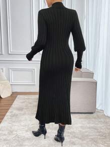 SHEIN Clasi Váy len dáng suông màu trơn cổ đứng ôm eo viền loe cho nữ, mùa thu/đông - màu đen - Xem 2