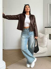 SHEIN EZwear 大码女式休闲日常拉链前夹克，秋季，冬季 - 咖啡棕 - 查看 4