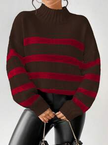 SHEIN Unity Women Casual Colorblock Striped Pattern Loose Fit Turtleneck Pullover Sweater, Autumn/Winter Knit Pullover Fall - Brown - View 8