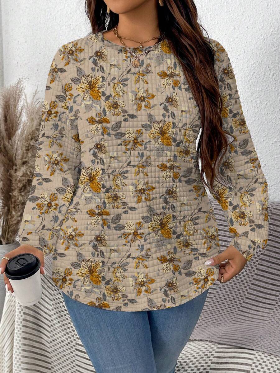 SHEIN LUNE Casual Minimalist Allover Print Plus Size Sweatshirt, Waffle Texture, Autumn/Winter - Multicolor - View 1
