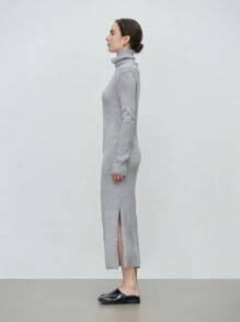 SHEIN LUNE 女士休闲简约纯色高领开衩下摆毛衣裙，秋冬 - 淺灰色 - 查看 5