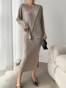 SHEIN Clasi 2 件套仿针织毛绒罗纹优雅裙子套装 - 棕色 - 查看 1