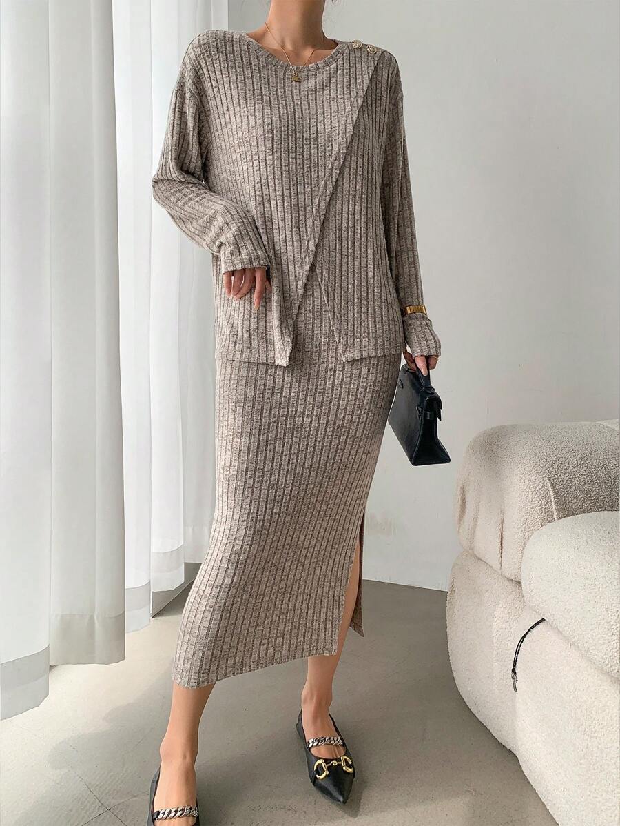 SHEIN Clasi 2 件套仿针织毛绒罗纹优雅裙子套装 - 棕色 - 查看 1