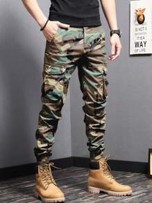 Manfinity Homme Men's Camo Print Cargo Pants With Pockets, Casual Drawstring Ankle Length Trousers - Multicolor - View 6