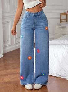 SHEIN EZwear Quần Jeans Thường Ngày Có Túi Cài Nút Phía Trước Cho Nữ - Màu xanh lam - Xem 1