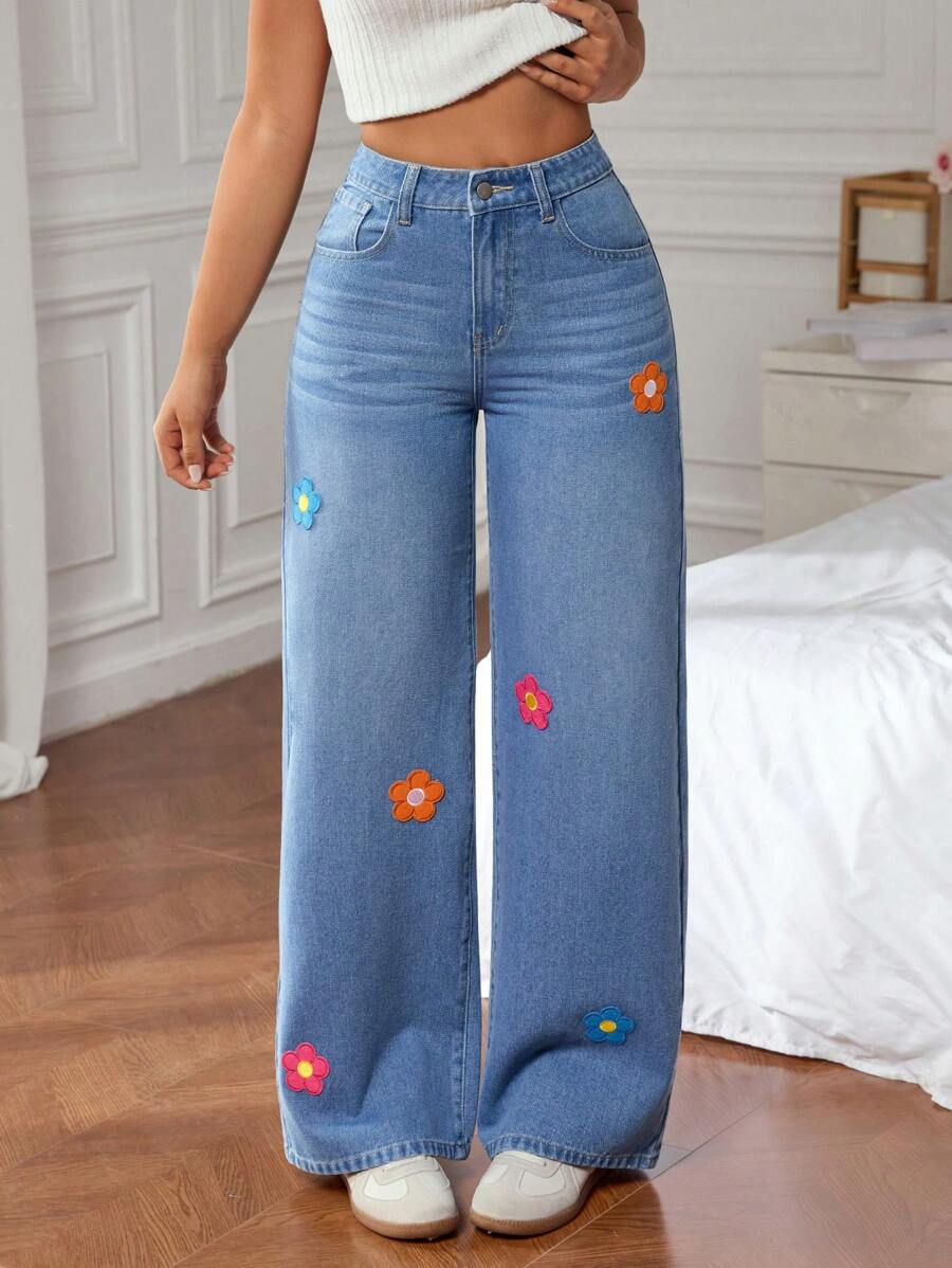 SHEIN EZwear Quần Jeans Thường Ngày Có Túi Cài Nút Phía Trước Cho Nữ - Màu xanh lam - Xem 1