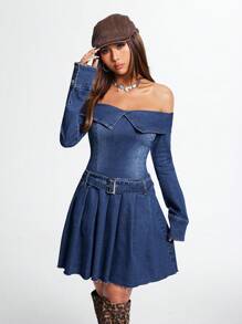 SHEIN EZwear 女士性感紧身弹力露肩牛仔迷你连衣裙 - 中等水洗藍 - 查看 4