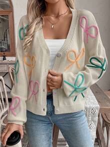 Chiquease 蝴蝶结装饰甜美优雅时尚针织开衫 - 米色 - 查看 5
