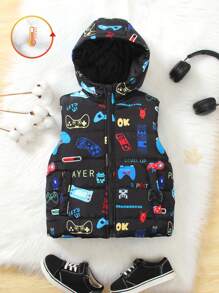 SHEIN Jonge jongens videogame grafische print capuchon rits jas, met gewatteerde voering voor warmte, zachte en comfortabele stof, geschikt voor casual, school, feest en buitenkleding