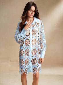 Anewsta Vestido casual de vacaciones con bordado floral, diseño calado, cuello y mangas farol - Azul - Ver 6