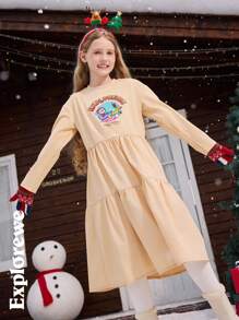 SHEIN 1pc Tween Girls Christmas Cartoon Printed Dress, Spring Autumn, Casual City Style Mid-Length Dress For Christmas, Casual Outings And Home Wear