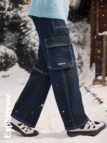 SHEIN Tween Girls Pocket Decor Wide Leg Loose Casual Versatile Jeans - Dark Wash - View 2