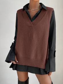 Chiquease 女士 V 领无袖简约针织毛衣背心，休闲日常穿着