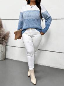 SHEIN VCAY Plus Size Crew Neck Colorblock Sweater, Casual Everyday Wear, Autumn And Winter