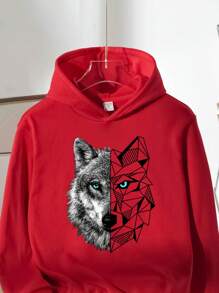 SHEIN 男童休闲卡通印花加厚抓绒长袖卫衣，适合秋冬季穿着 - 紅色 - 查看 4