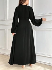 Modelyn 1 件女士纯色圆领长袖简约休闲连衣裙长款晚礼服 - 黑色 - 查看 4