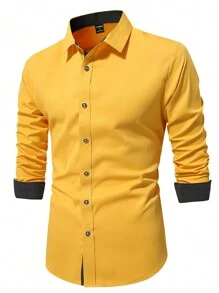 Manfinity Mode Men Front Button Long Sleeve Casual Shirt For Autumn, Fall - Yellow - View 4