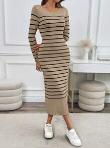 SHEIN LUNE 1pc Women Colorblock Striped Bodycon Long Sweater Dress - Multicolor - View 6