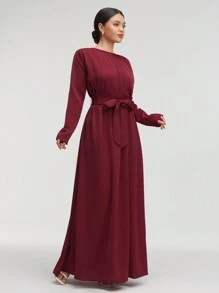 Veilorie 勃艮第红色女士纯色褶皱优雅合身腰部连衣裙 - 酒紅色 - 查看 5