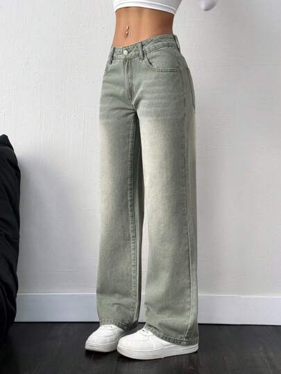 Jeanoix 休闲洗水低腰直筒牛仔裤