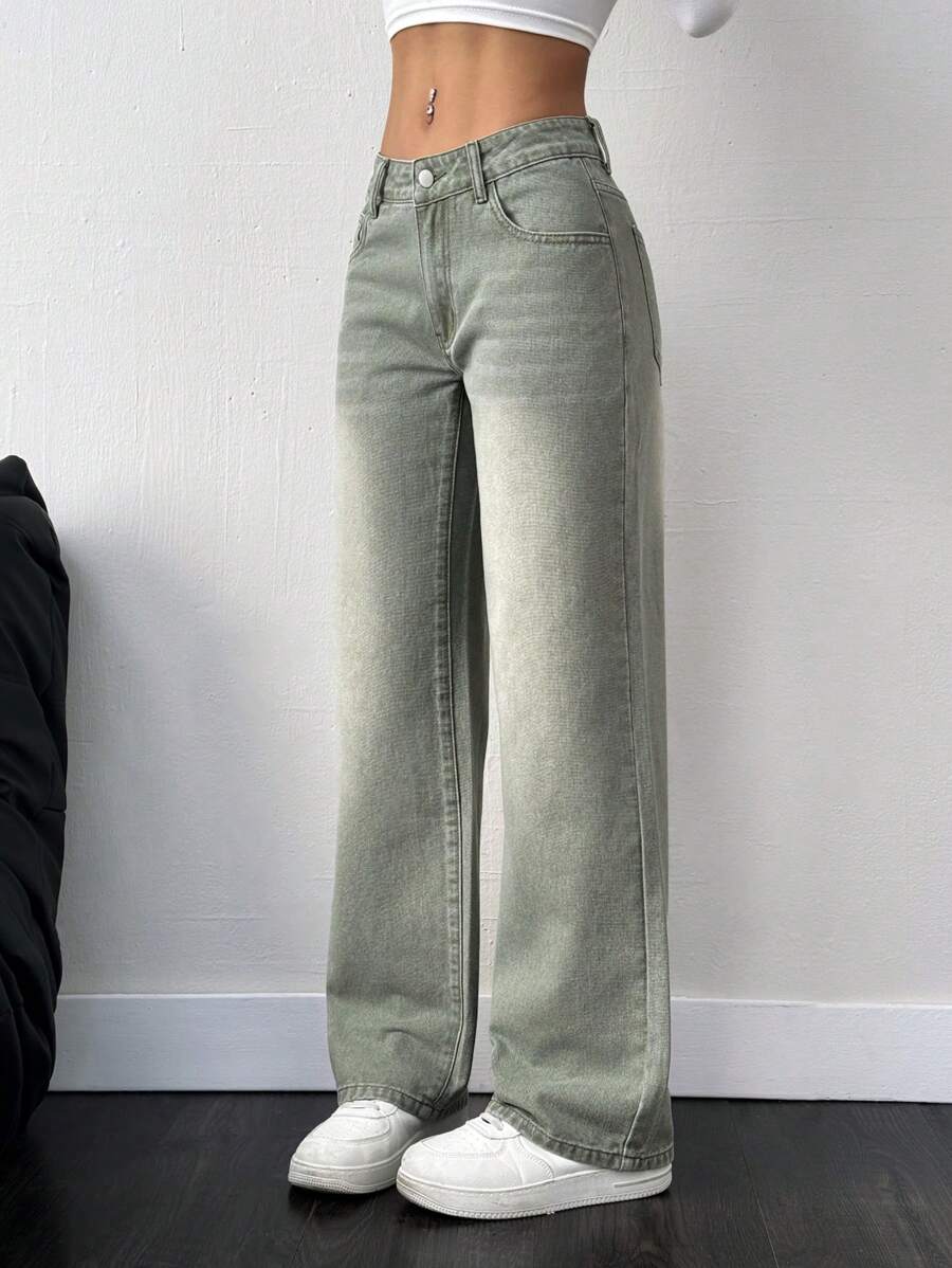 Jeanoix 休闲洗水低腰直筒牛仔裤 - 綠色 - 查看 1