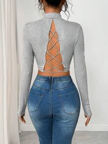 INAWLY 1 chiếc áo thun nữ tay dài hở lưng màu trơn mùa thu - Xám - Xem 5