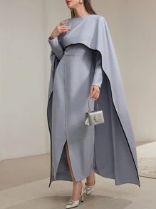 Modelyn Women's Solid Color Round Neck Poncho Splicing Slit Hem Elegant Dress Long Evening Dresses