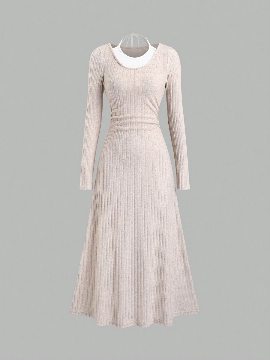 Sweetra 女士撞色二合一褶皱罗纹简约长袖连衣裙，秋冬款