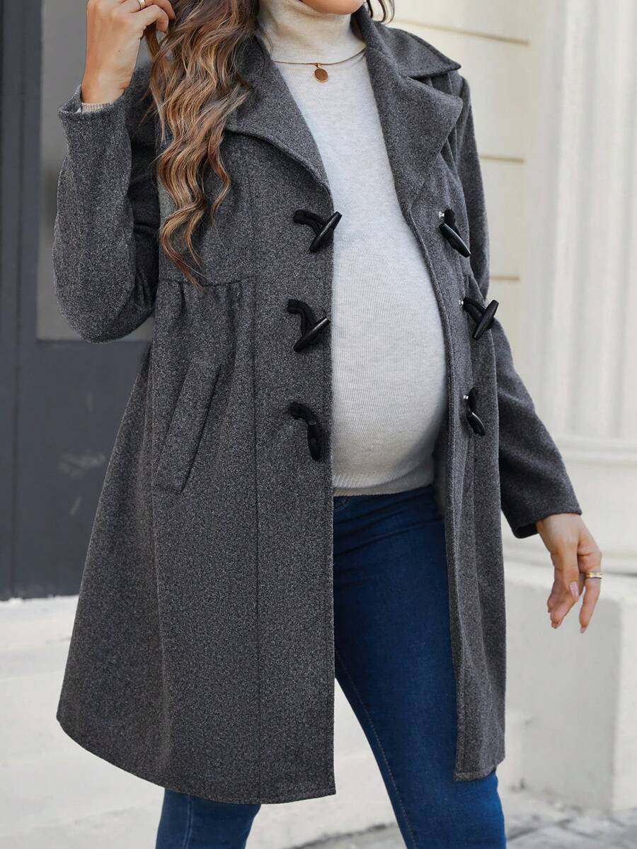 SHEIN Maternity Solid Color Buckle Design Long Sleeve Casual Loose Coat, Autumn Fall Clothes - Dark Grey - View 1