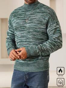 Manfinity Homme Men Casual Marled Knit Colorful Stand Collar Drop Shoulder Loose Pullover Long Sleeve Sweater, Autumn/Winter, For Going Out, Husband - Green - View 1