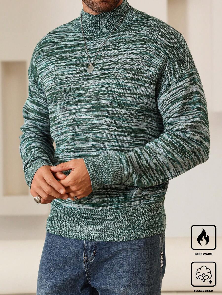 Manfinity Homme Men Casual Marled Knit Colorful Stand Collar Drop Shoulder Loose Pullover Long Sleeve Sweater, Autumn/Winter, For Going Out, Husband - Green - View 1