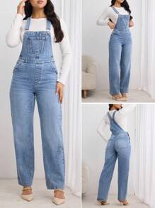 SHEIN LUNE Women Casual All-Match Denim Jumpsuit With Pockets