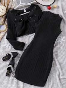 2pcs/Set Tween Girl Casual Outfit, Long Sleeve Crop Top With Pearl Decor & A-Line Bodycon Mini Dress, Spring & Autumn - Black - View 5